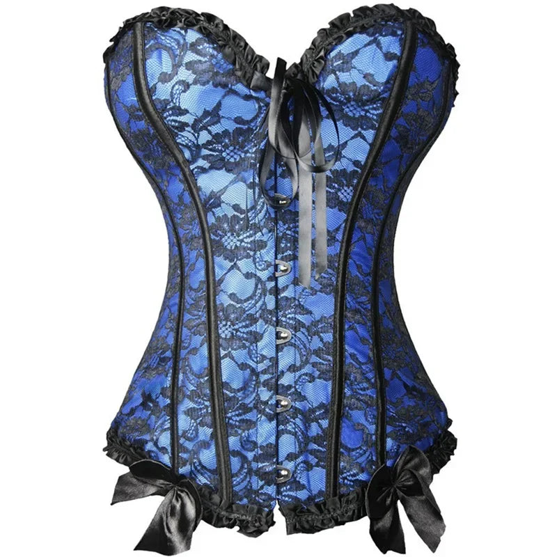 LuckeLadybug LLC Satin Lace Up Bustier Corset Top in Blue Lace with Ruffled Edges and Bow Details