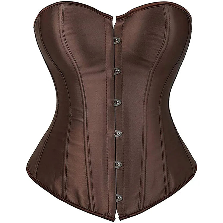 Brown satin lace up bustier corset top featuring a structured fit and button closure