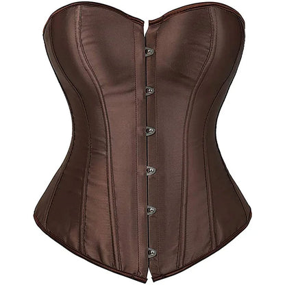 Brown satin lace up bustier corset top featuring a structured fit and button closure