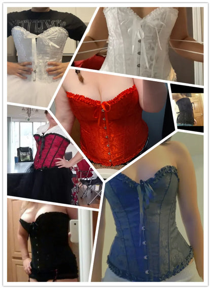 Collection of satin lace up bustier corset tops in various colors and styles for fashionable outfits