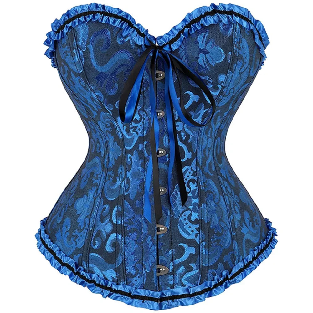 Blue satin lace up bustier corset top with intricate pattern and ruffled edges