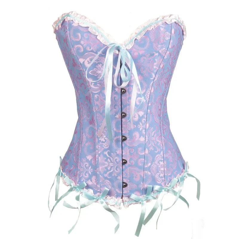 Satin lace up bustier corset top in pastel pink and blue with lace trim and ribbon details