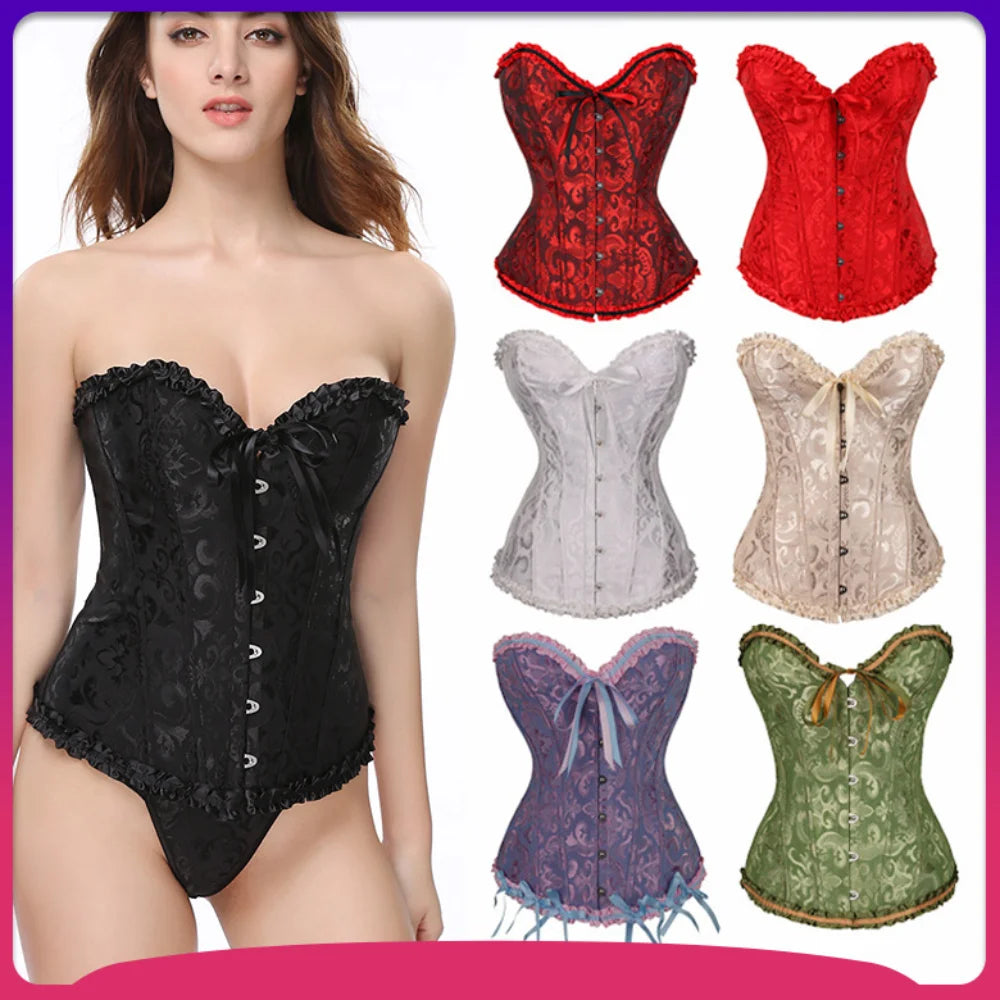 Variety of Satin Lace Up Bustier Corset Tops in Multiple Colors and Designs for Stylish Lingerie Wear