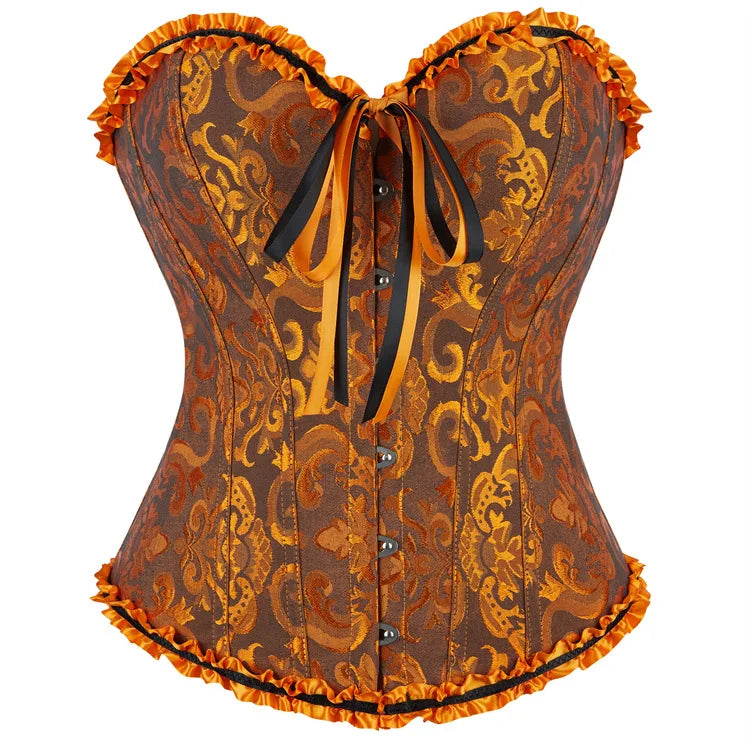 Satin lace up bustier corset top in brown and orange with ruffled edges and lace-up front
