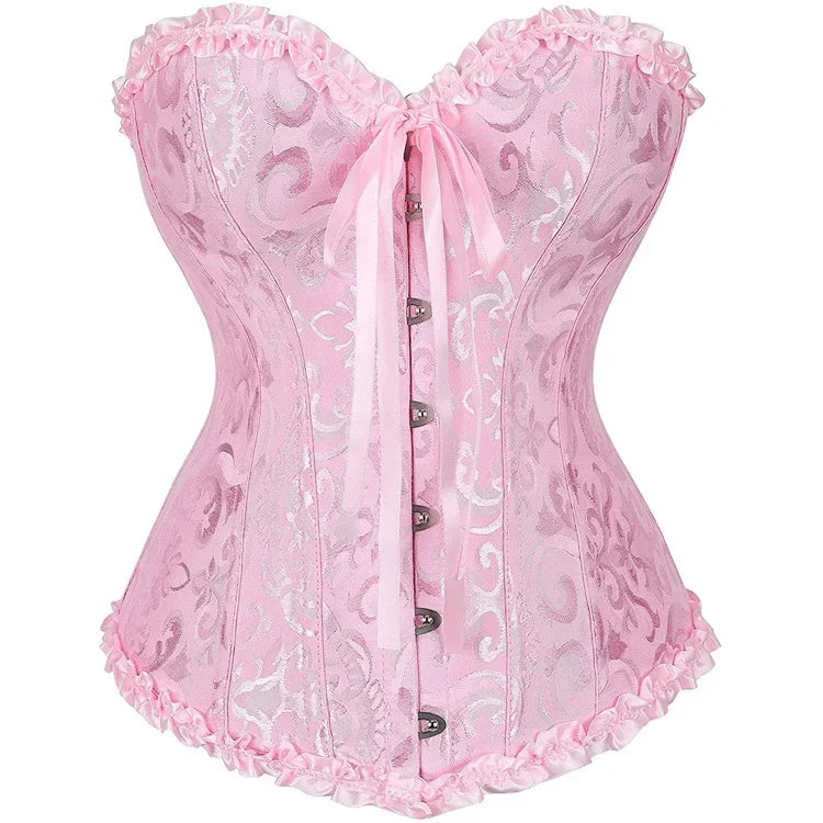 LuckeLadybug LLC Pink Satin Lace Up Bustier Corset Top with Ruffled Trim and Adjustable Fit