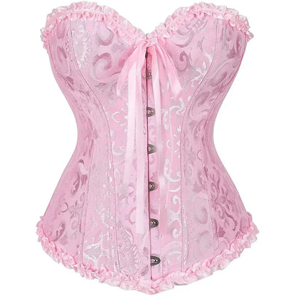LuckeLadybug LLC Pink Satin Lace Up Bustier Corset Top with Ruffled Trim and Adjustable Fit