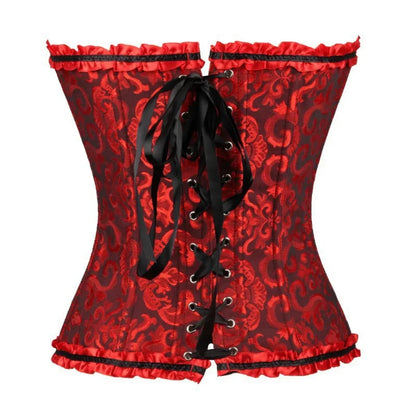LuckeLadybug satin lace up bustier corset top in red floral design with ruffle trim and black laces