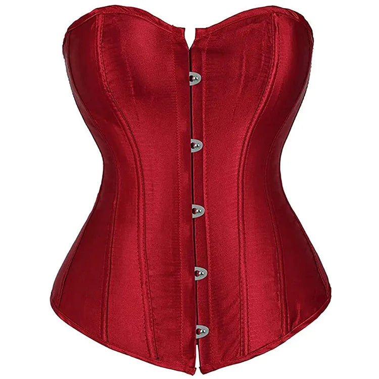 Red satin lace up bustier corset top with a structured fit and front button detailing
