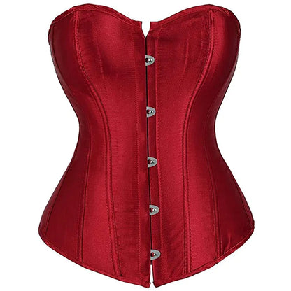 Red satin lace up bustier corset top with a structured fit and front button detailing