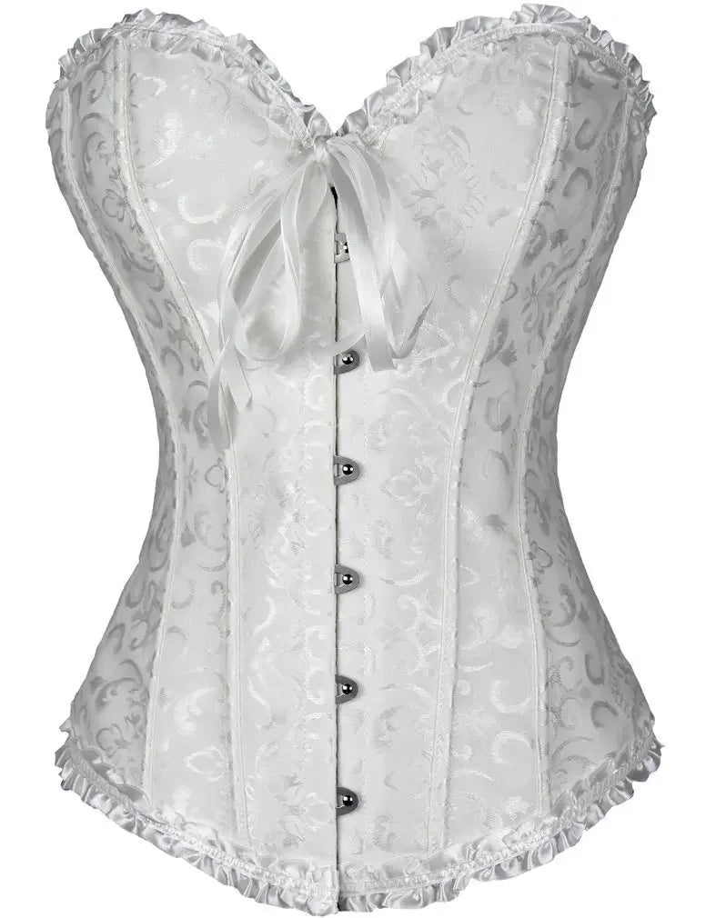 White satin lace up bustier corset top with elegant floral pattern and lace trim details