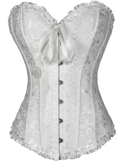 White satin lace up bustier corset top with elegant floral pattern and lace trim details