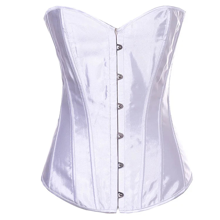White satin lace up bustier corset top featuring a structured design and front buttons
