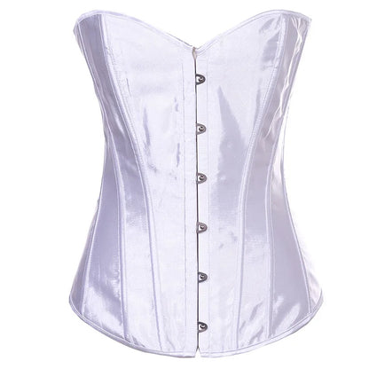 White satin lace up bustier corset top featuring a structured design and front buttons