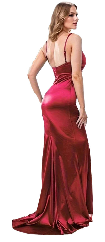 Elegant satin mermaid prom dress in deep burgundy, showcasing a fitted silhouette and train