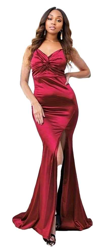 Elegant satin mermaid prom dress in deep red with a thigh-high slit and ruching details