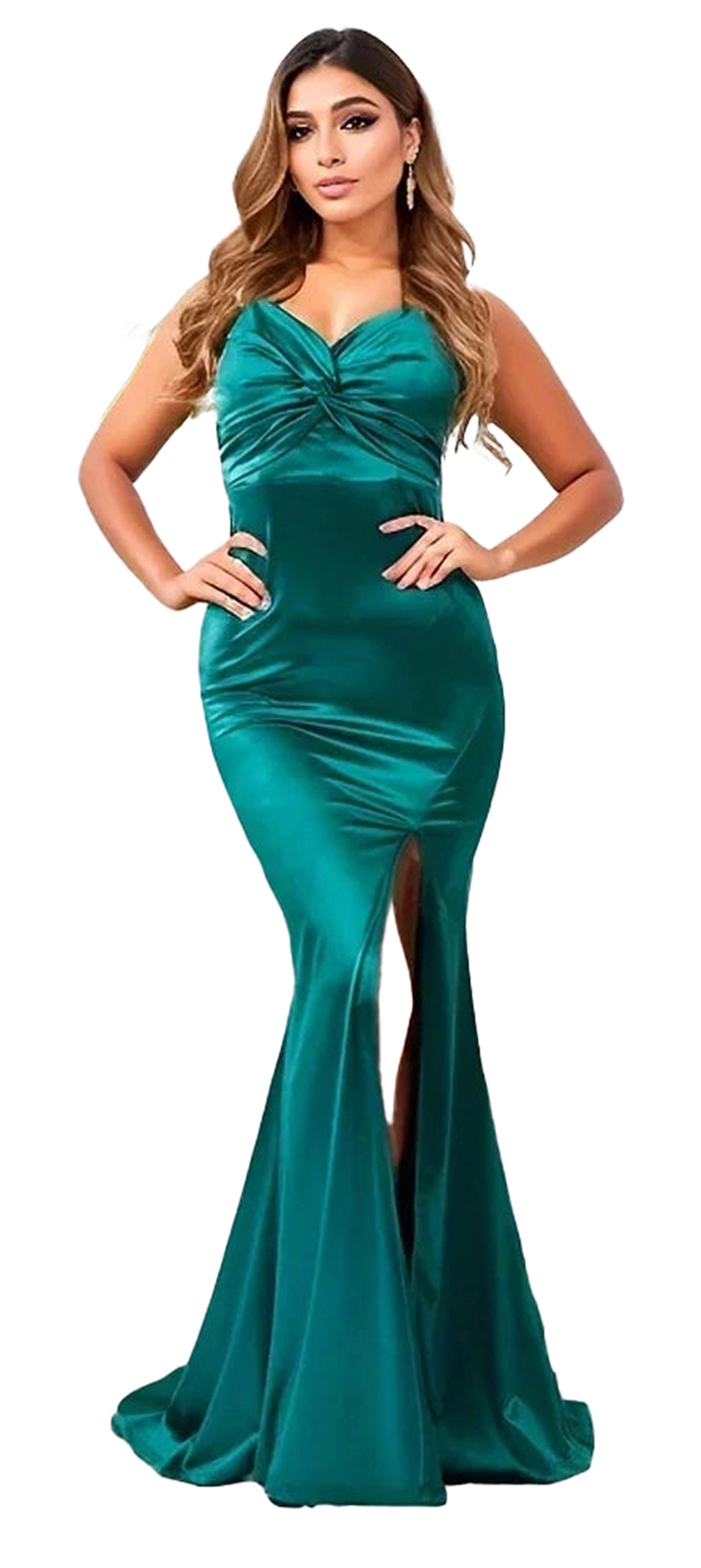Elegant satin mermaid prom dress in teal with a sweetheart neckline and thigh-high slit