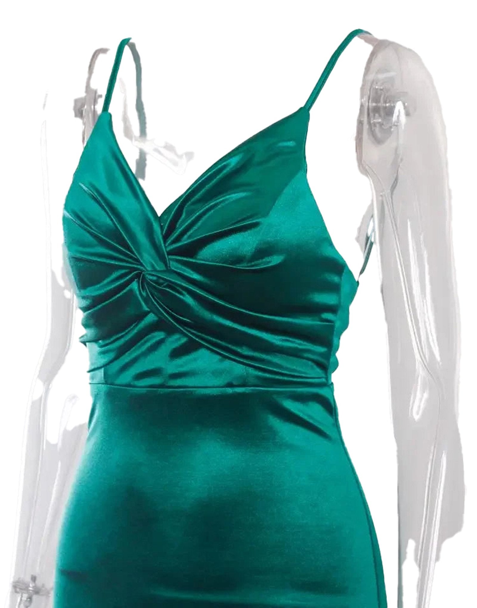 Elegant satin mermaid prom dress in vibrant green with twisted front design