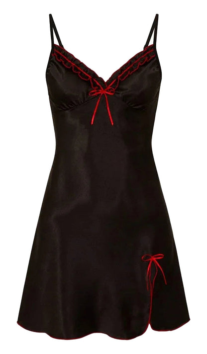 LuckeLadybug LLC Satin Night Dress for Women in Black with Red Lace Trim and Adjustable Straps