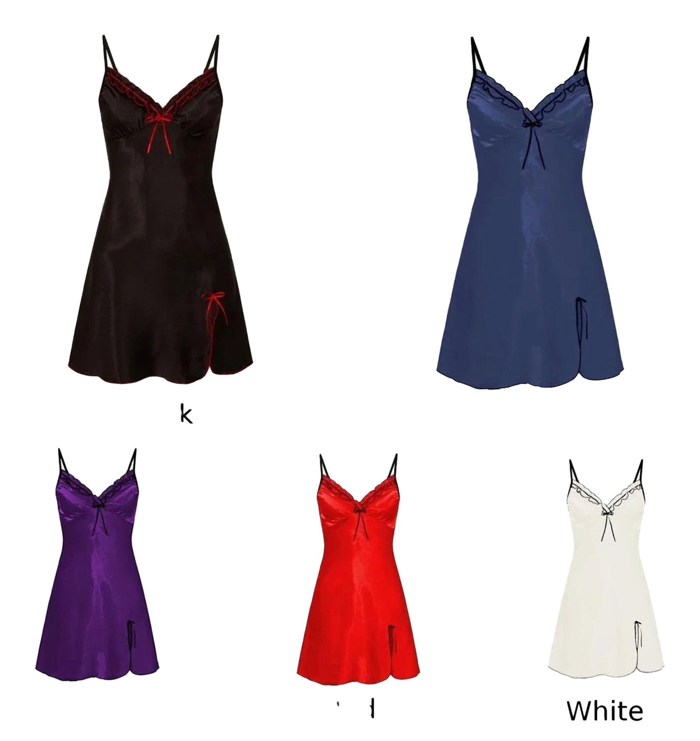 Satin night dress for women in black, blue, purple, red, and white colors with lace trim and adjustable straps