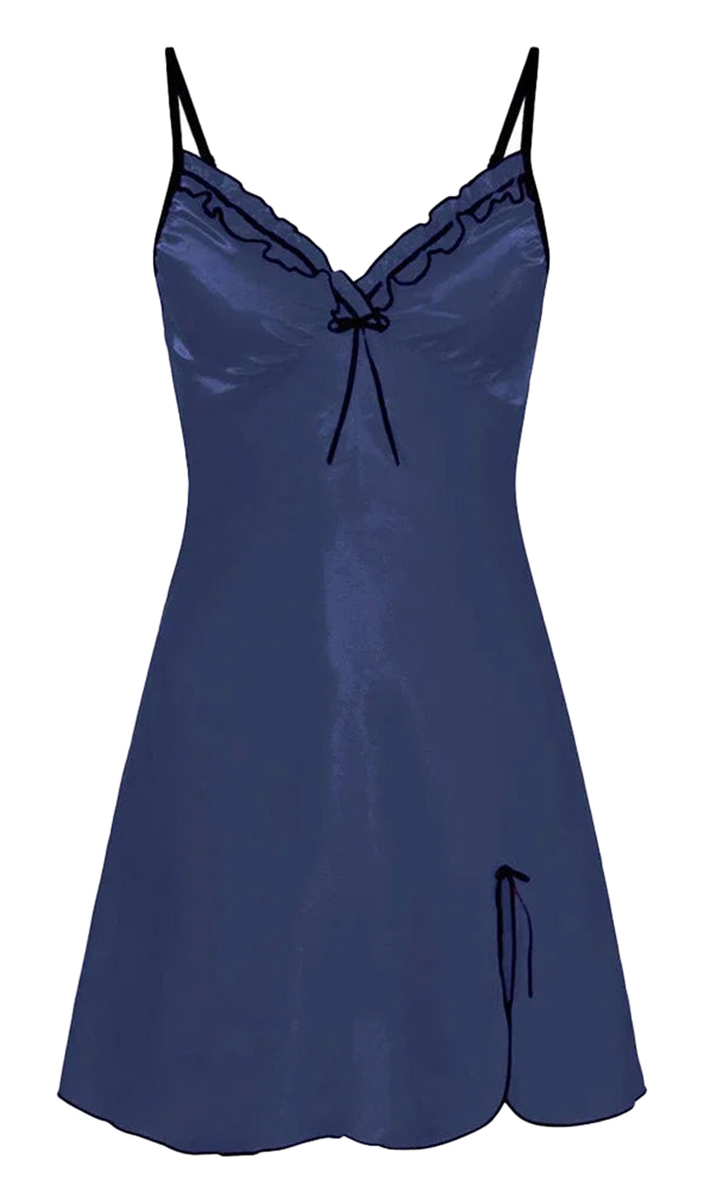 Elegant navy satin night dress for women with delicate lace trim and adjustable straps