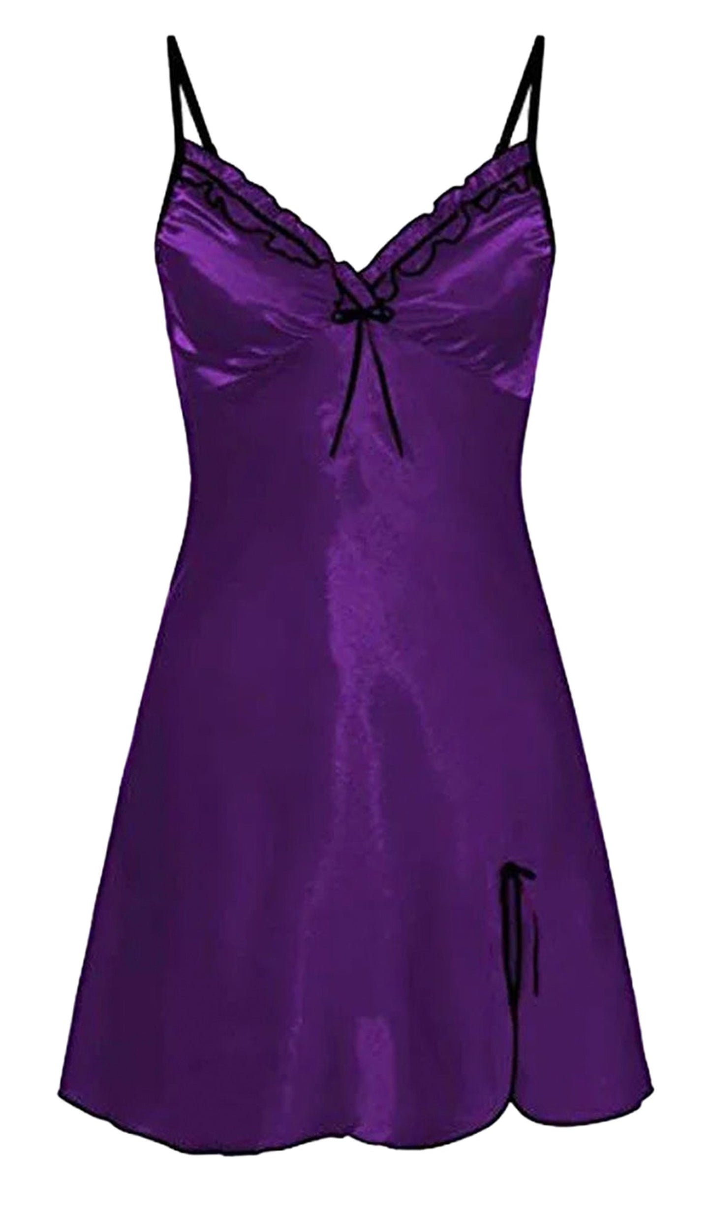 Purple satin night dress for women with delicate lace trim and adjustable straps