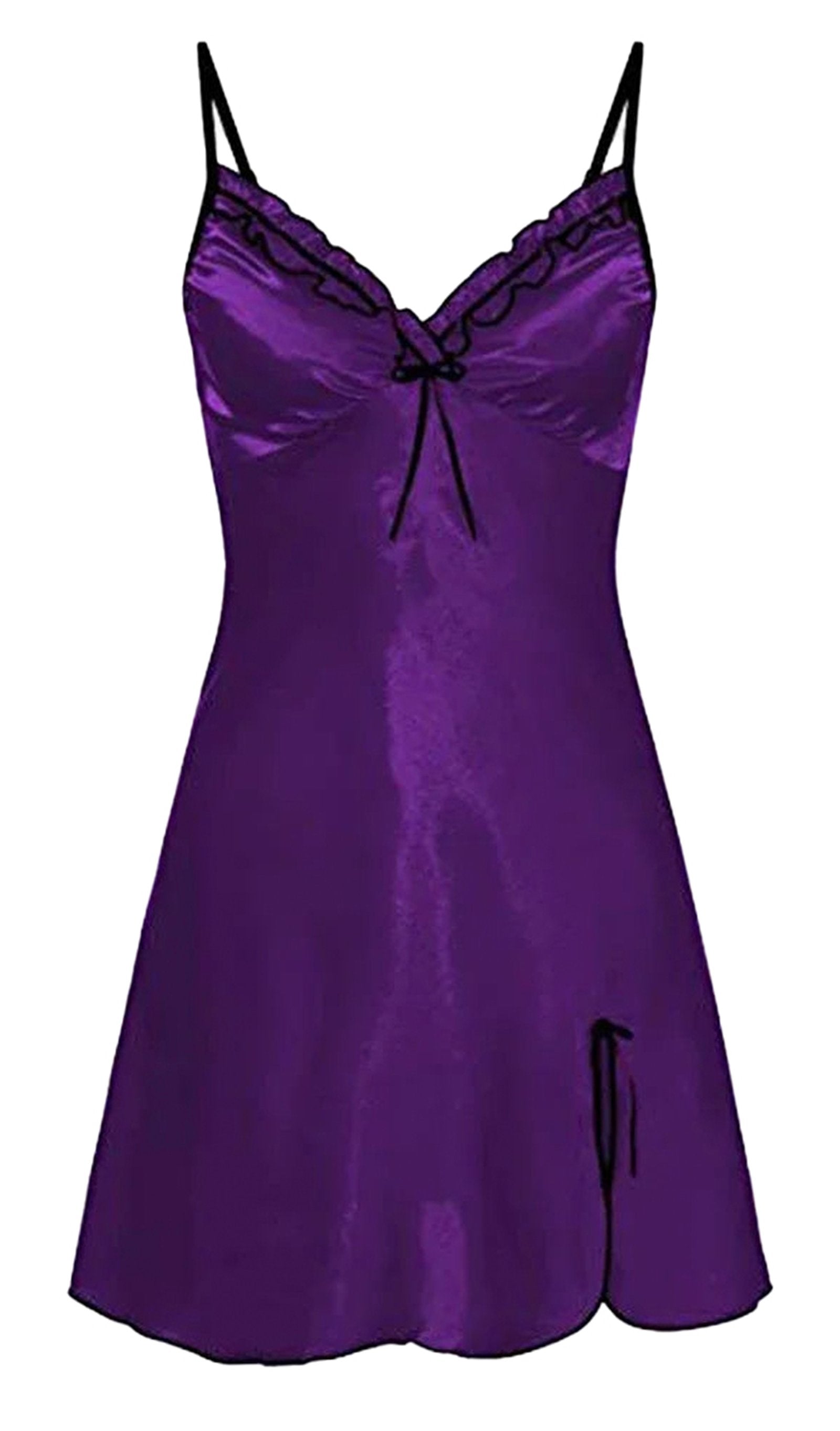 Purple satin night dress for women with delicate lace trim and adjustable straps