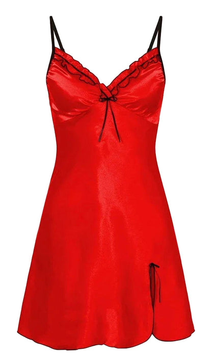 Red satin night dress for women with adjustable straps and lace detailing for a stylish sleepwear option