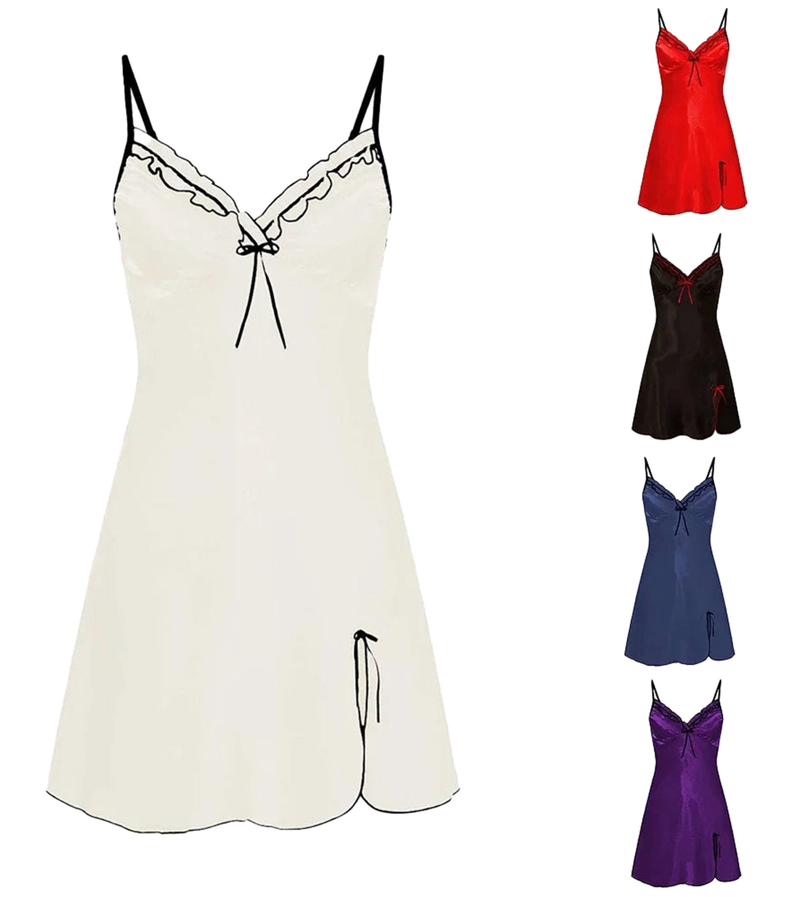 LuckeLadybug satin night dress for women in cream with lace trim and adjustable straps