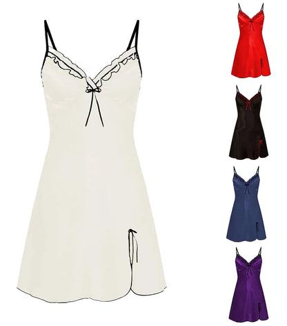 LuckeLadybug satin night dress for women in cream with lace trim and adjustable straps