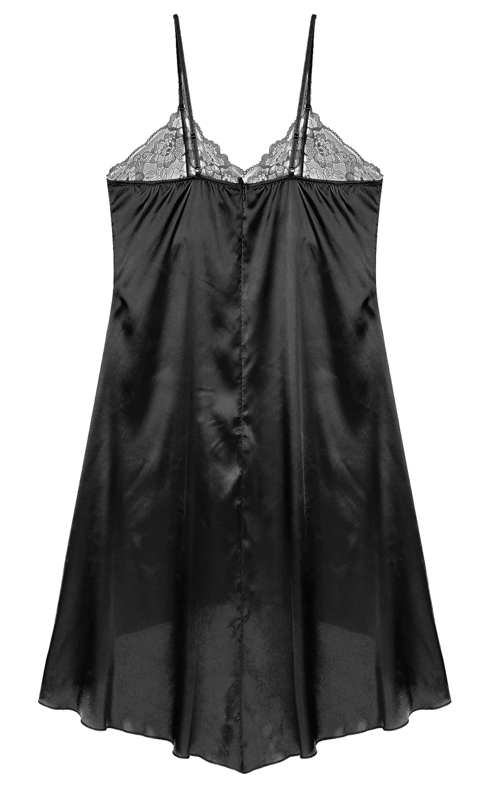 Elegant black satin nightdress lingerie with lace detailing and adjustable straps