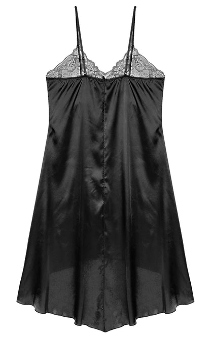 Elegant black satin nightdress lingerie with lace detailing and adjustable straps