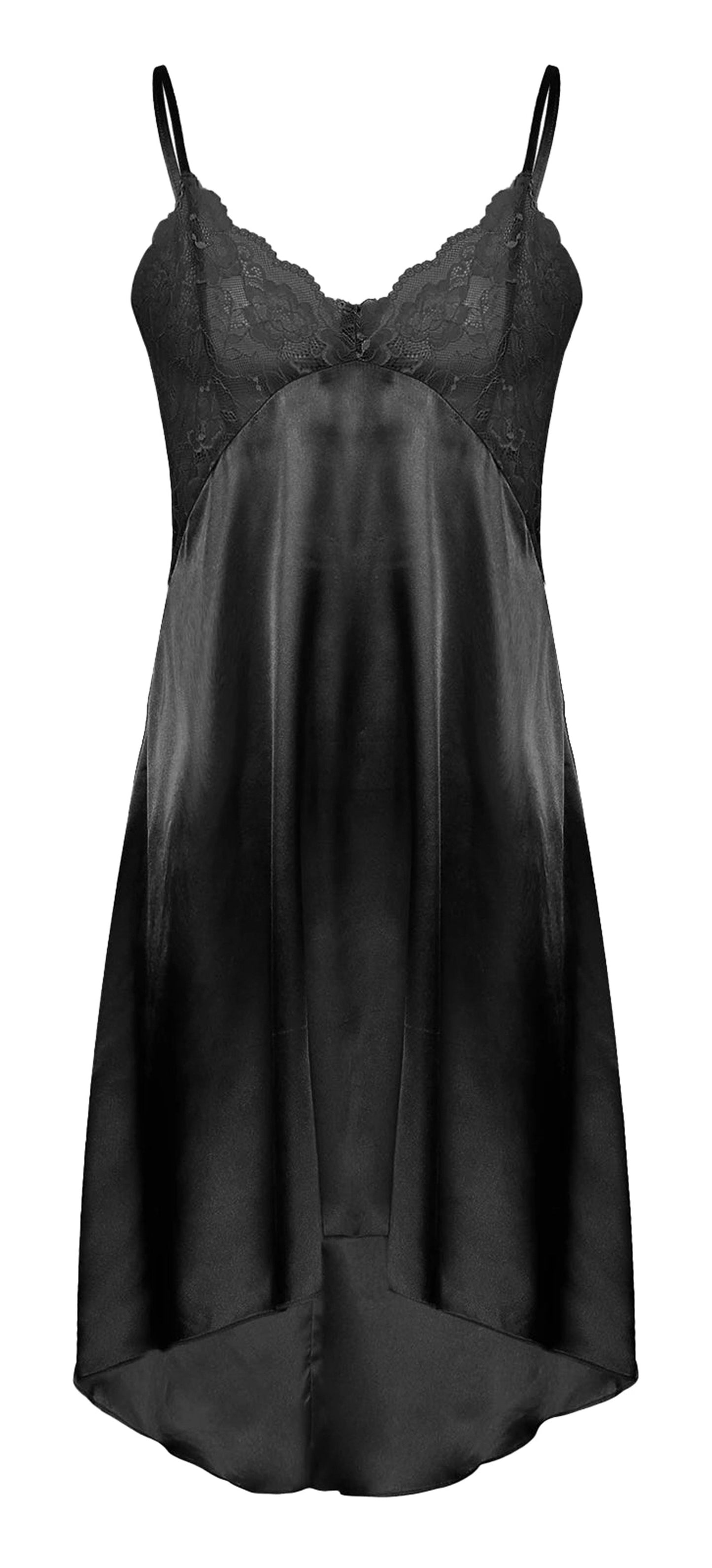 Elegant black satin nightdress lingerie with lace details and adjustable straps for a chic look