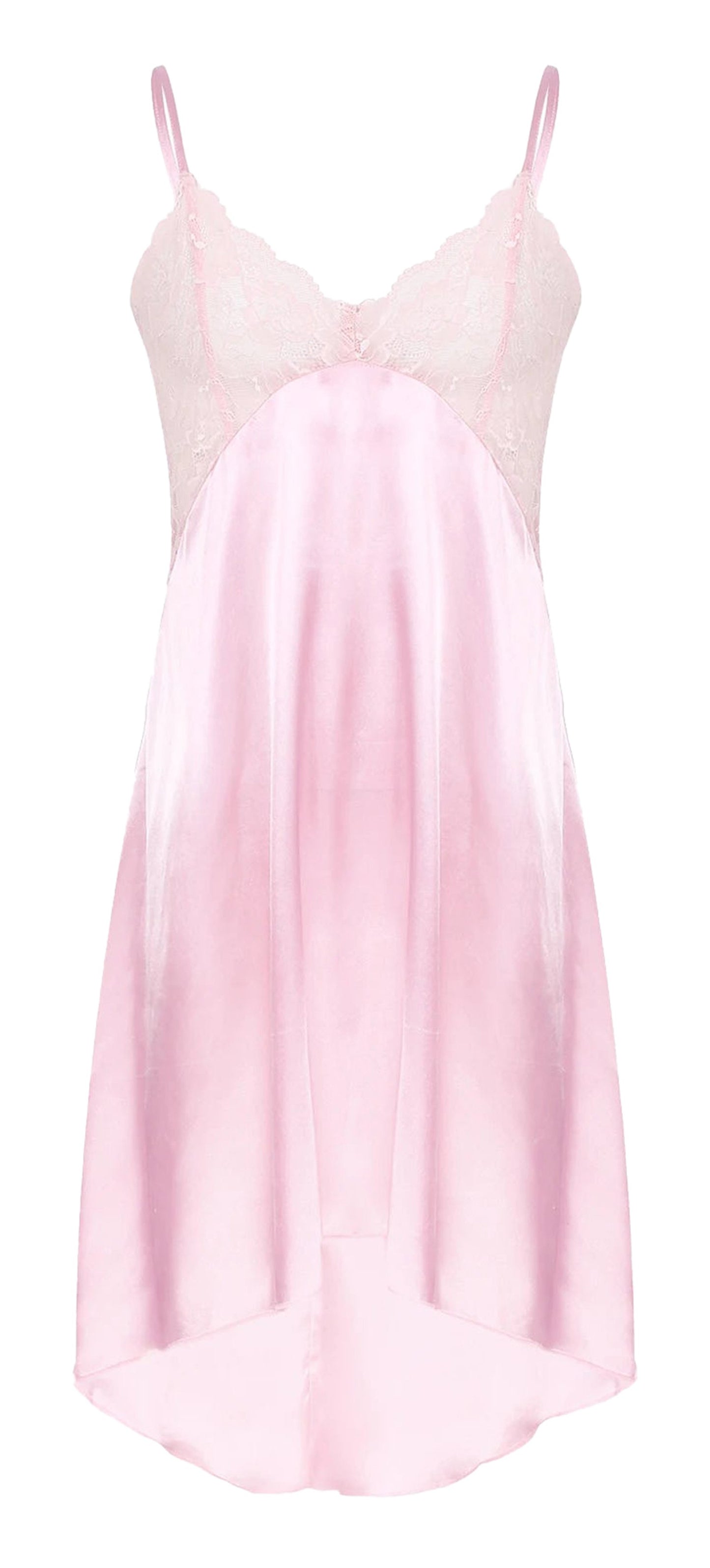 Pink satin nightdress lingerie with delicate lace detailing and adjustable straps for a romantic feel