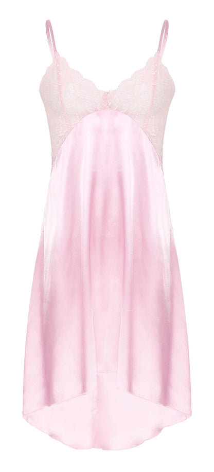 Pink satin nightdress lingerie with delicate lace detailing and adjustable straps for a romantic feel