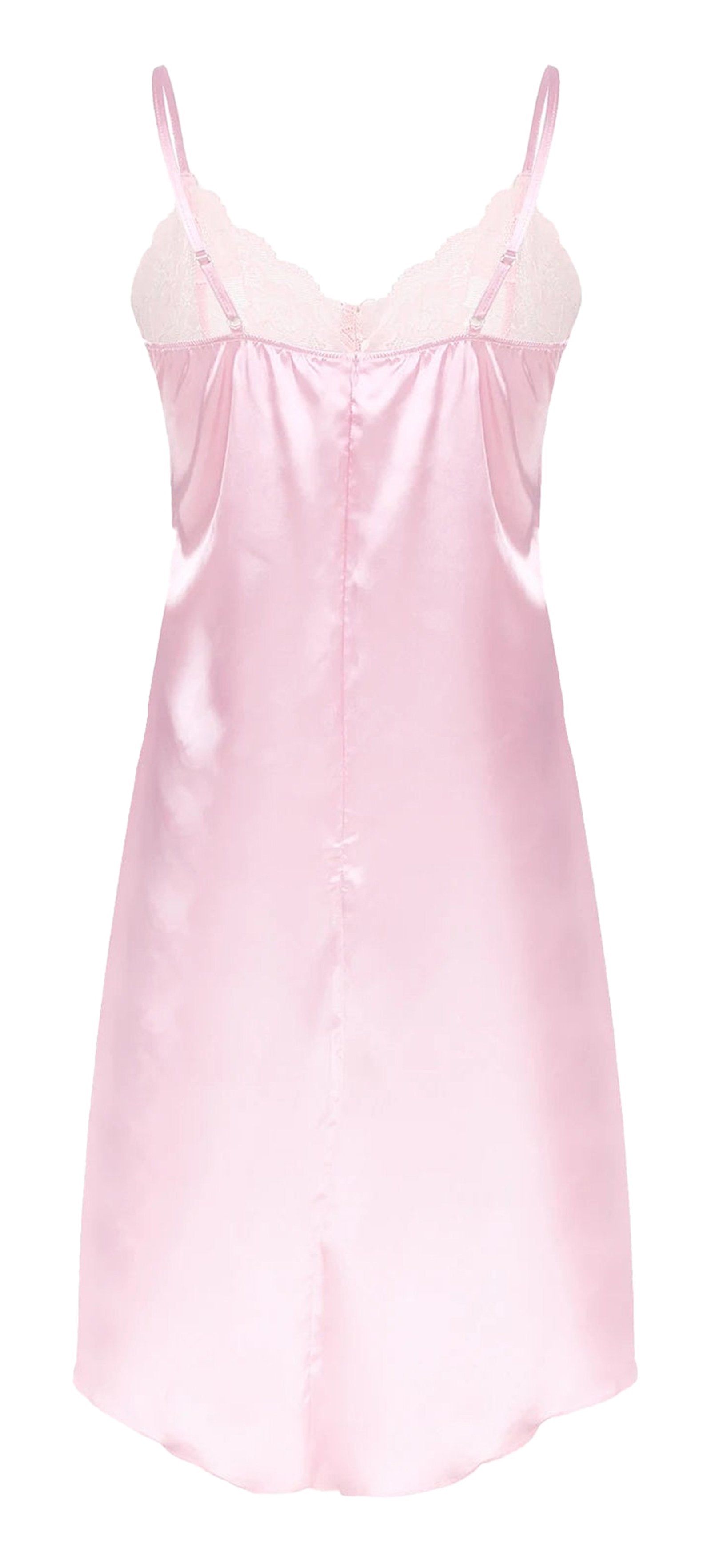 Pink satin nightdress lingerie with delicate lace detailing for a romantic look