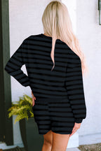 Black striped satin pyjama set with a relaxed fit and comfortable styling for lounging