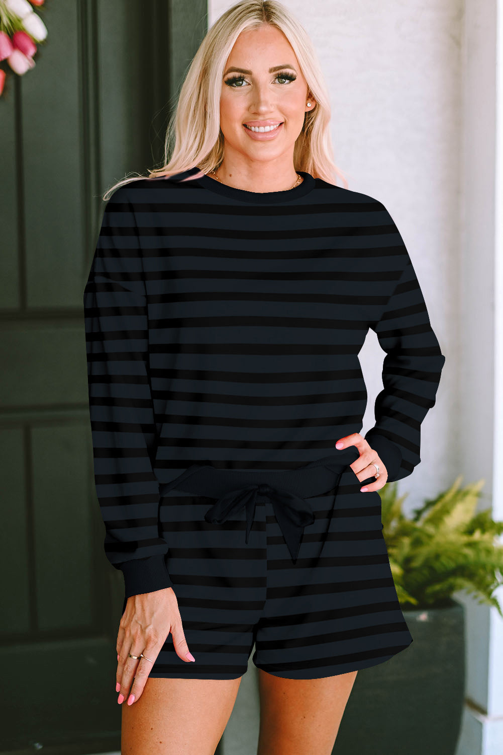 LuckeLadybug LLC Women's Satin Pyjama Set with Black Stripes and Comfortable Fit