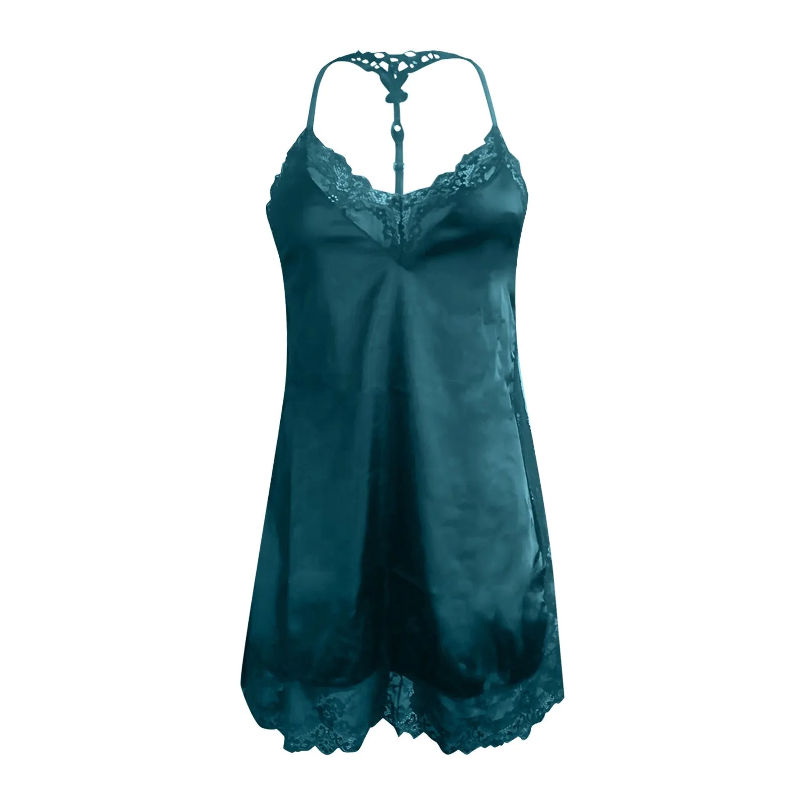 Teal satin silk sleepwear for women with delicate lace detailing and adjustable straps