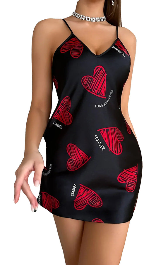 LuckeLadybug LLC Satin slip nightdress for women in black with red heart print, perfect for a romantic night
