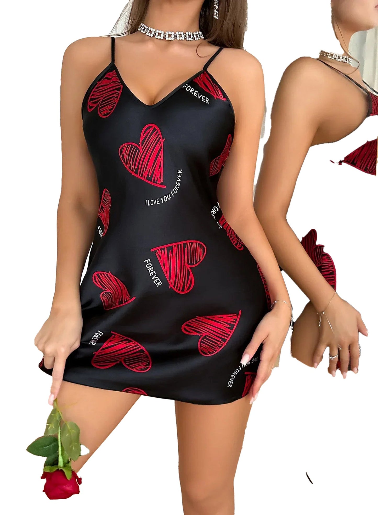 LuckeLadybug satin slip nightdress for women with red heart patterns, perfect for romantic evenings