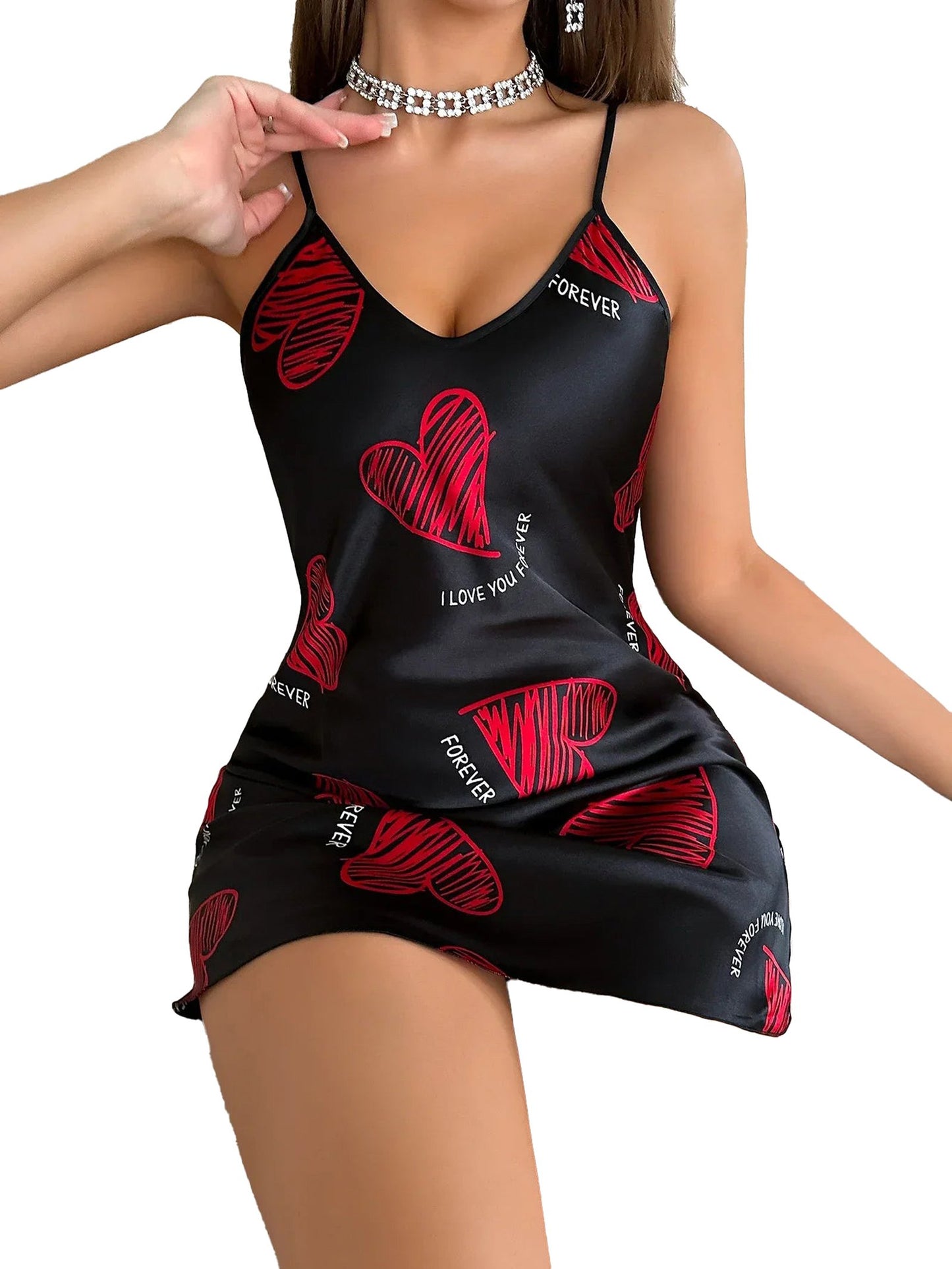 LuckeLadybug women's satin slip nightdress with heart print and adjustable straps for a romantic look