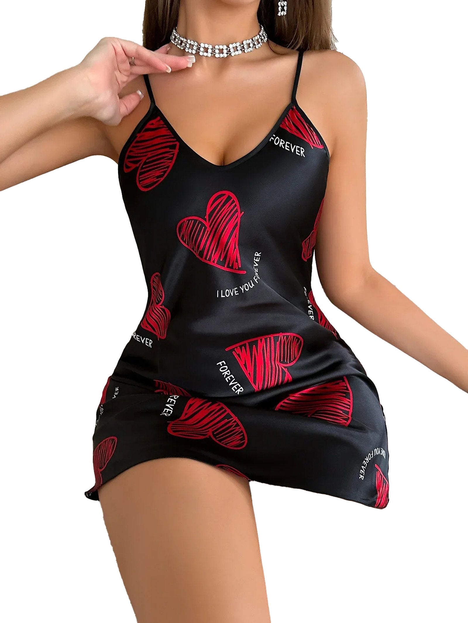 LuckeLadybug women's satin slip nightdress with heart print and adjustable straps for a romantic look