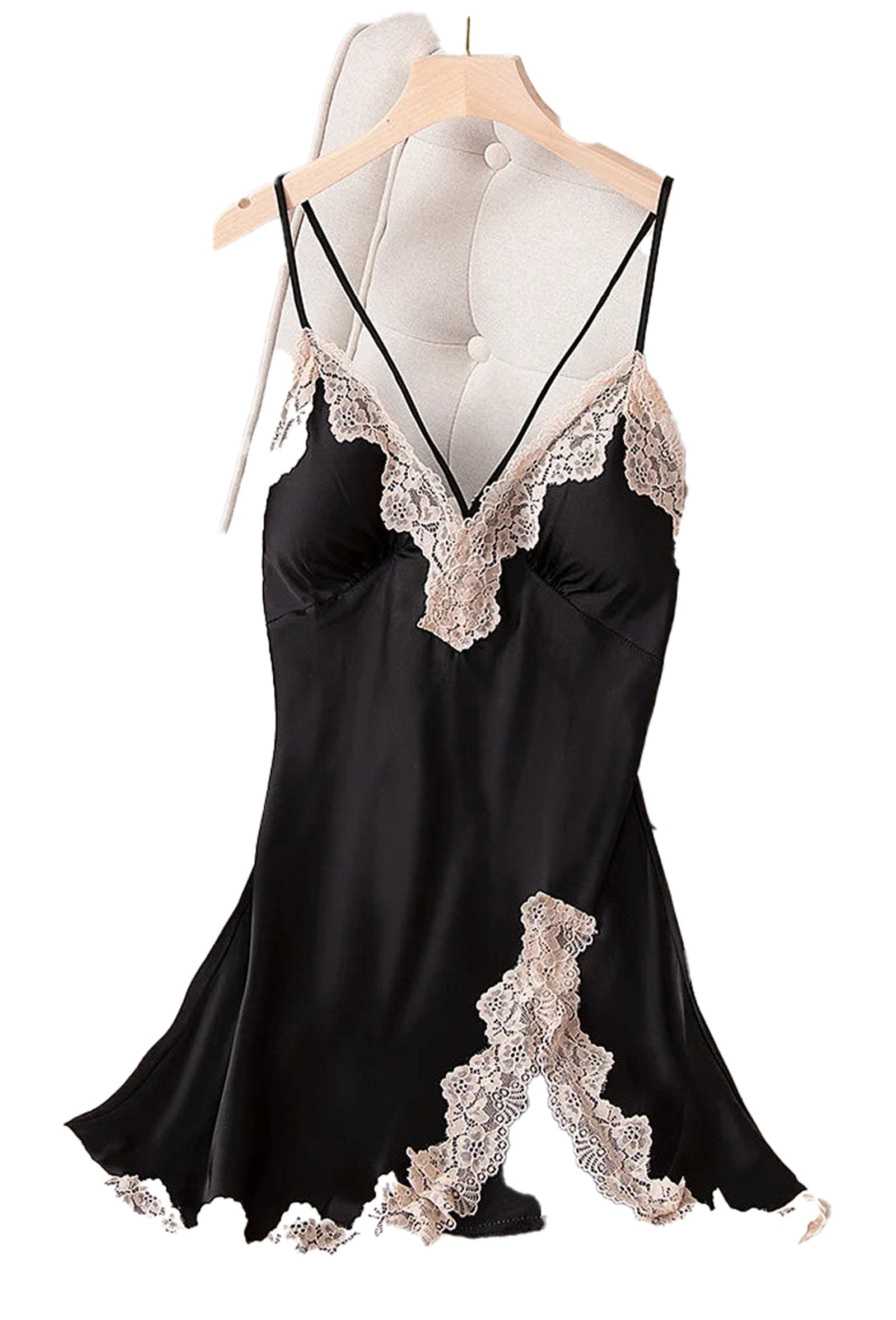 Black satin spaghetti strap nightgown with lace trim from LuckeLadybug LLC for elegant lounging