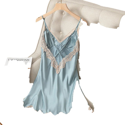 Luxurious satin spaghetti strap nightgown in soft blue with delicate lace detailing from LuckeLadybug LLC