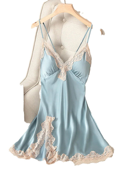 LuckeLadybug LLC satin spaghetti strap nightgown in light blue with lace trim detail