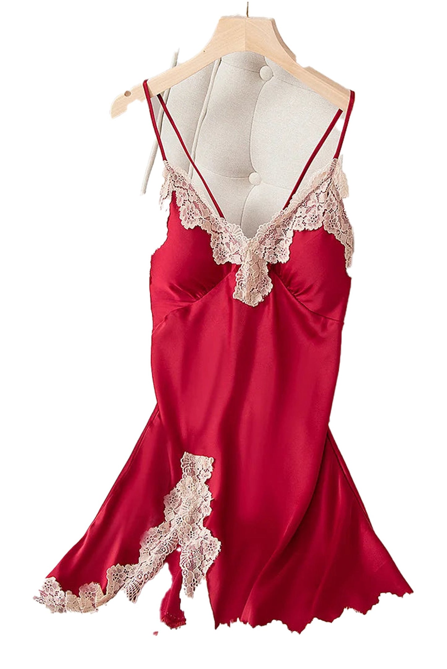 Red satin spaghetti strap nightgown with lace detailing for a stylish sleepwear option