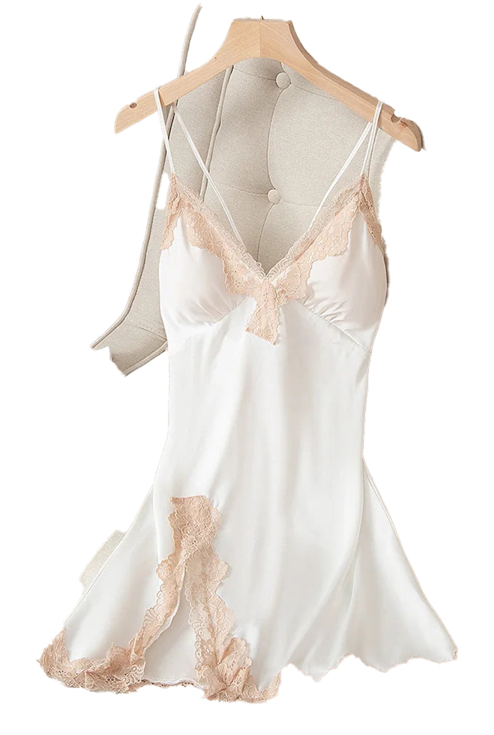 LuckeLadybug satin spaghetti strap nightgown with lace detailing in soft white and nude colors