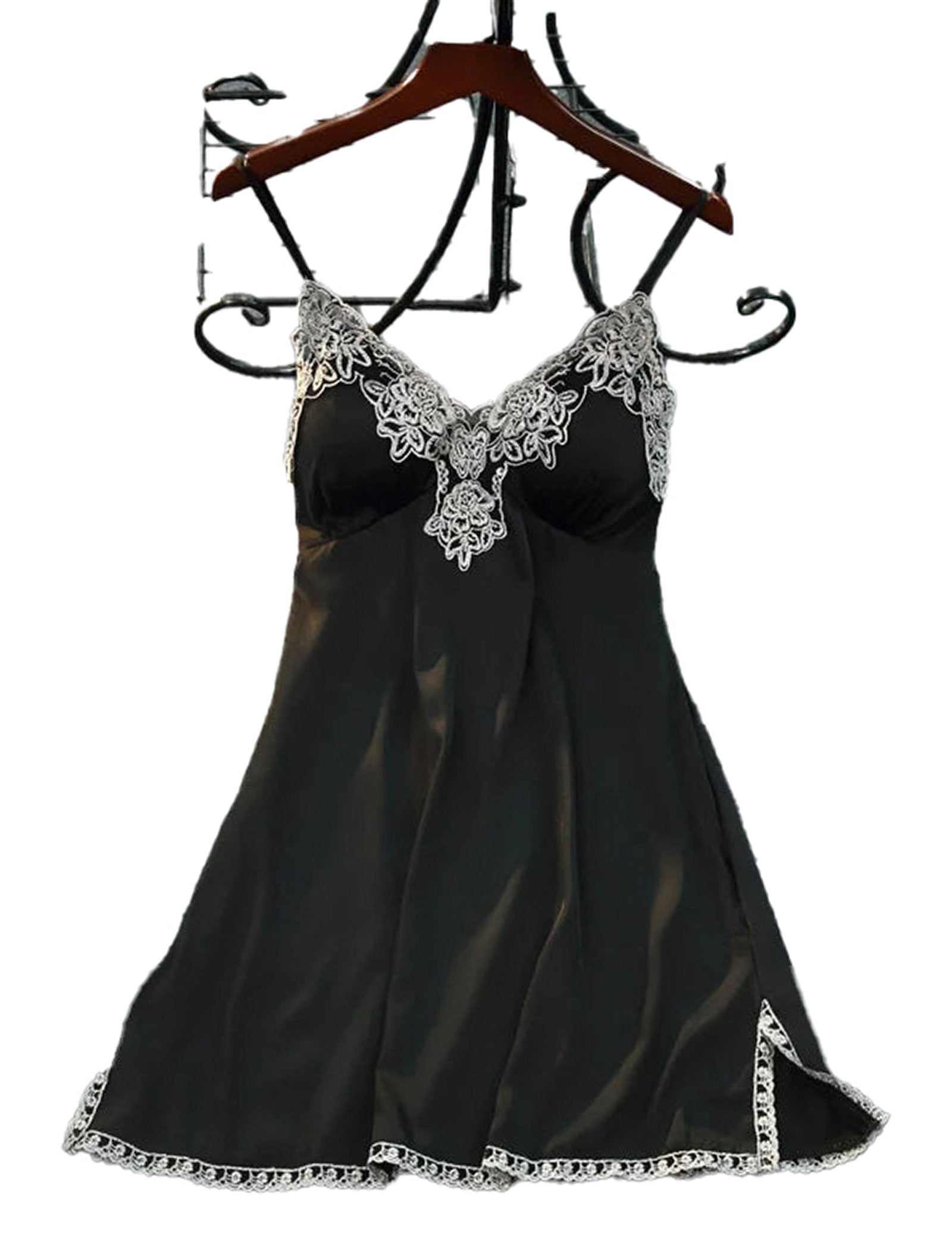 Luxurious satin suspender nightdress for women with intricate lace detailing and adjustable straps
