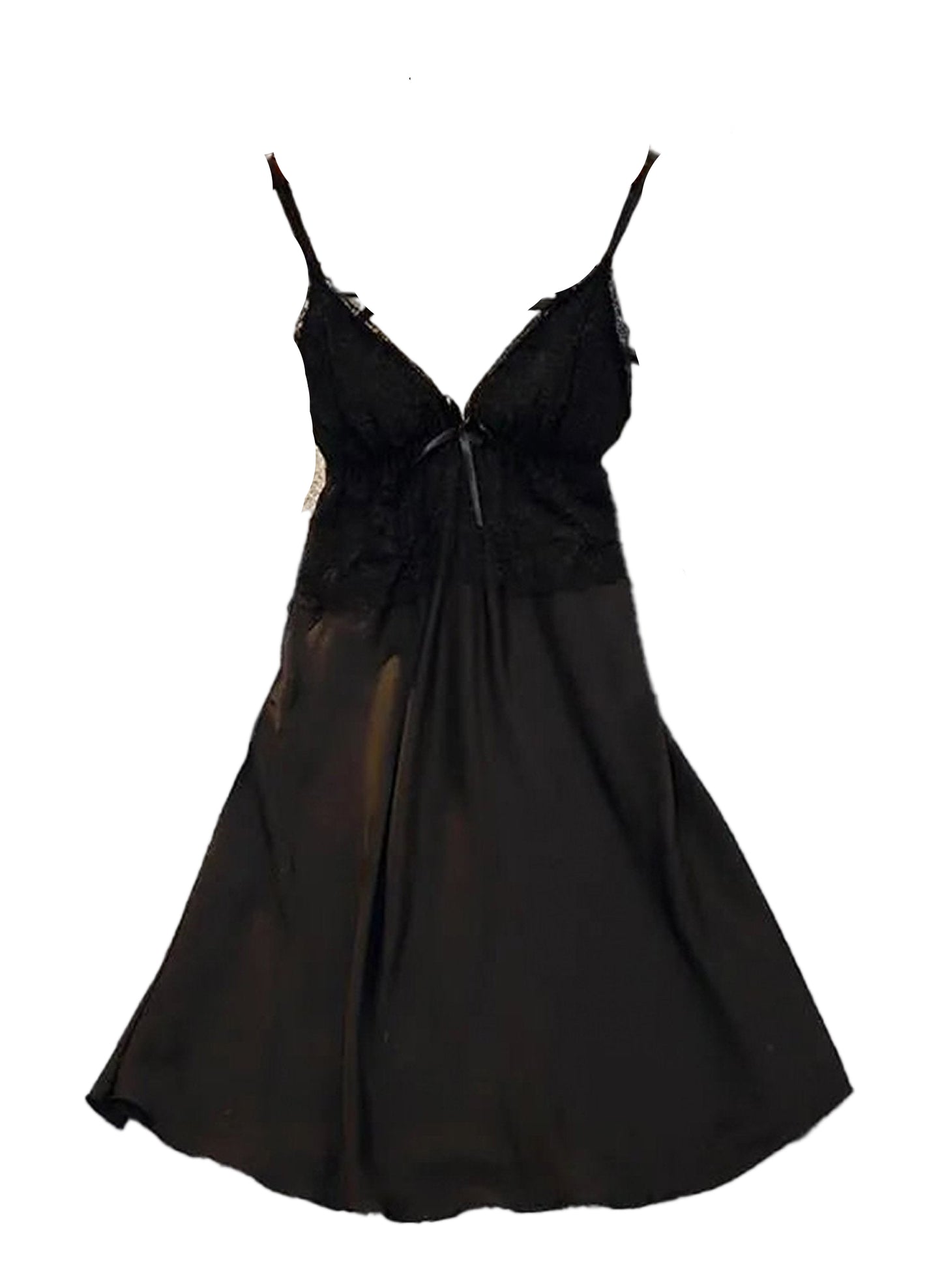 Black satin suspender nightdress for women with lace detailing and adjustable straps