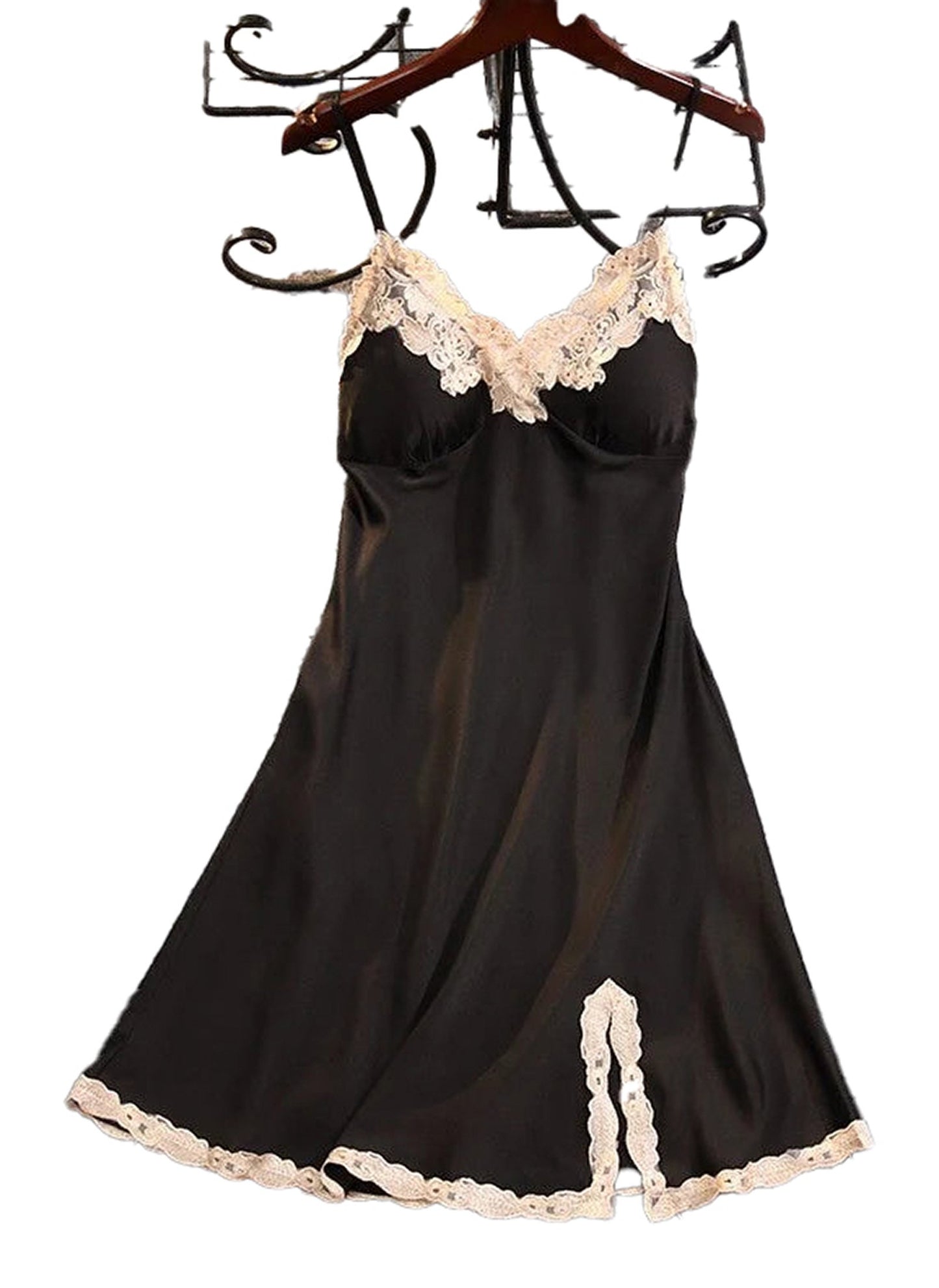 LuckeLadybug LLC black satin suspender nightdress for women with lace detailing and a flared silhouette